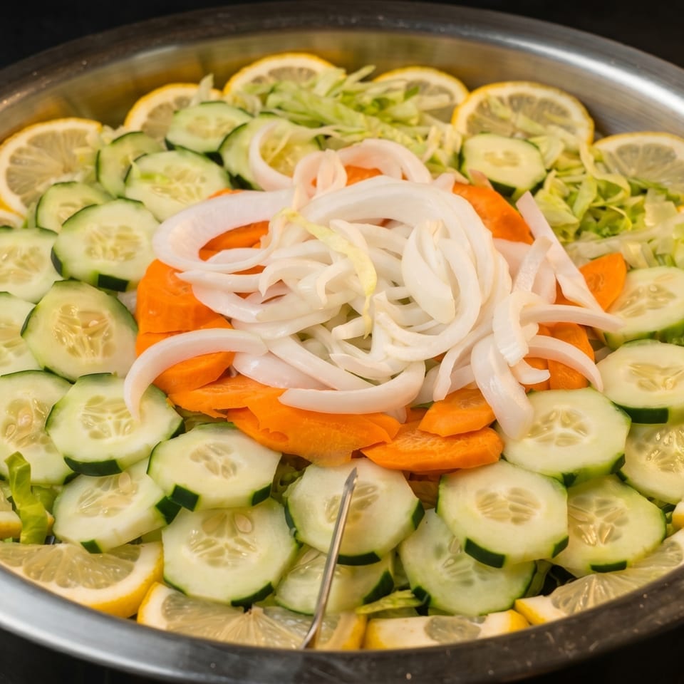 A large metal bowl filled with a fresh salad of sliced lemons, cucumbers, carrots, and onions.