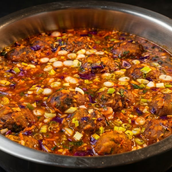 A large metal bowl filled with Manchurian, featuring meatballs in a rich sauce with vegetables.
